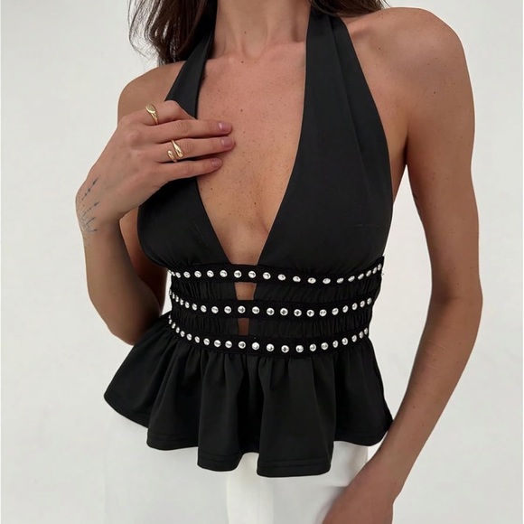 Black Halter Top with Silver Accents - Picture 3 of 6